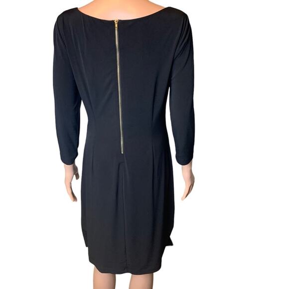 Tahari Ruched Cocktail Little Black Dress Size 8 Gold Buckle Accent Elegant Luxe - Picture 3 of 4